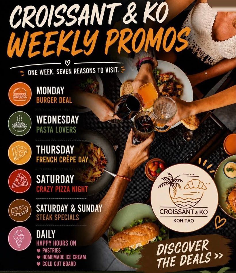 Croissant & Ko weekly promos: Monday burger deal, Wednesday pasta, Thursday French crepe day, Saturday crazy pizza night, weekend steak specials and daily happy hours