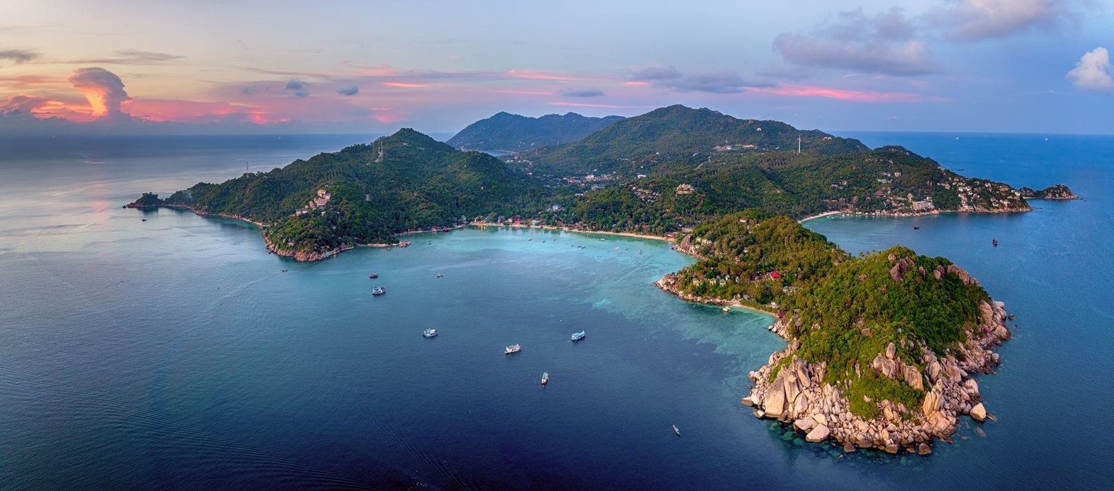 Aerial view of Koh Tao, Thailand at sunset